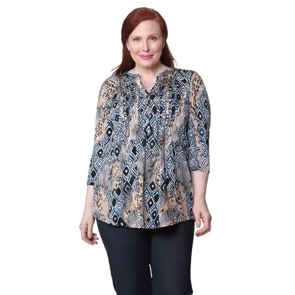 La Cera Malabar Batik Print Blouse Size M Flowy Stretchy 3/4 Sleeve NWOT - Picture 1 of 8